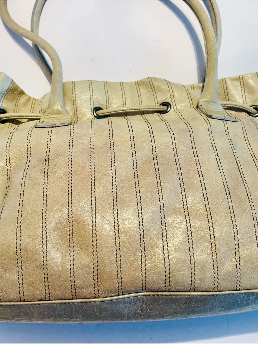 Berge Genuine Leather Studded Drawstring Shoulder Bag Beige Cream Made In Italy - Picture 5 of 10